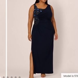 Adrianna Papell Bead Jersey Long Dress Blue Evening Gown Sz22W Occasion Elegant